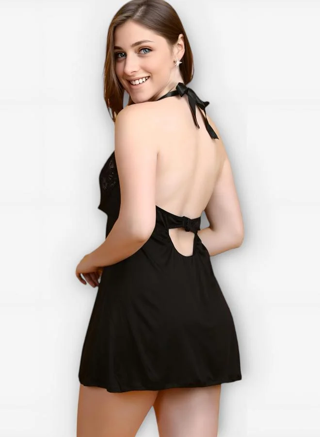 Take Two Women Black Halter Neck Lace Babydoll By Hill Islands